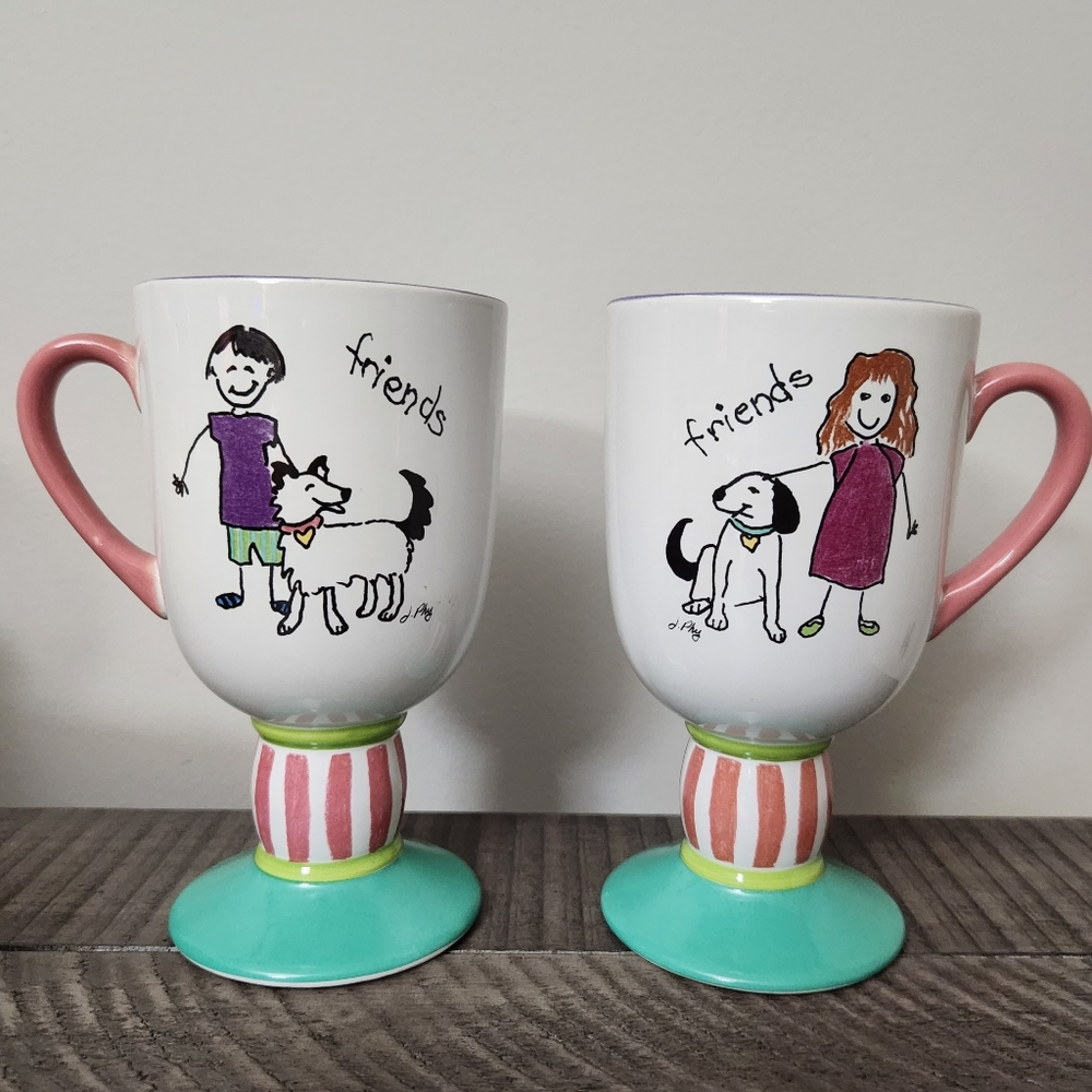 Set of 2 Pfaltzgraff Friends w/ dogs mugs cups with base Great Gift!